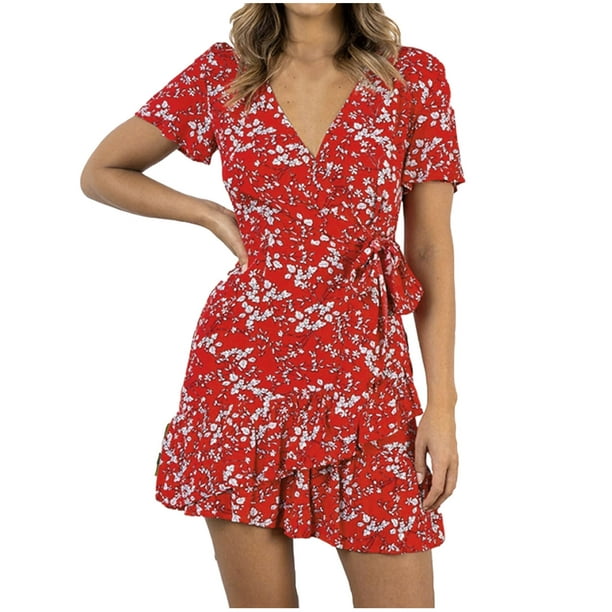UHUYA Womens Casual Dresses Summer V-Neck Print Short Sleeve Fold