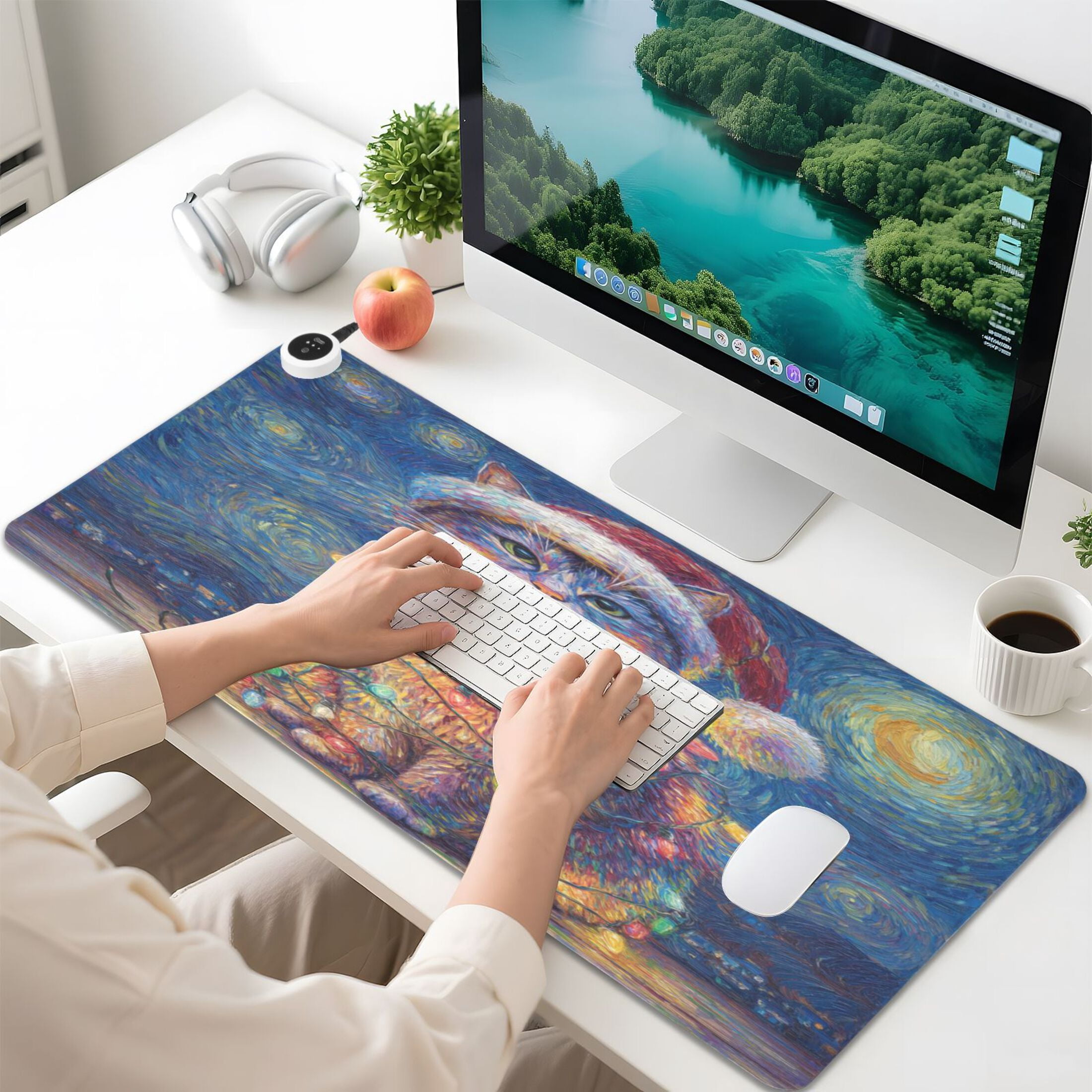 Large Heated Desk Mat Mouse Pad 31.5"x13"PU Leather Graphene Heating Desk Warmer with 3 Temperature Settings 110V US Plug Non-Slip Warm Pad for Home, Office, and Gaming A Cat with Colorful Lights
