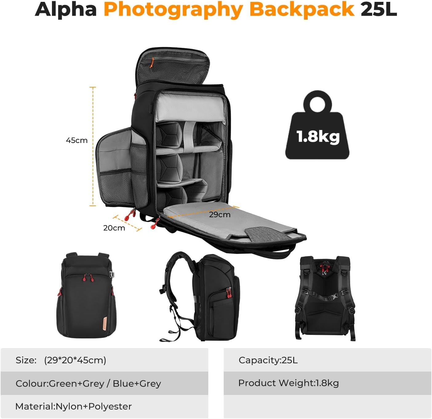 K&F CONCEPT Camera bags Waterproof 25L Large Capacity Camera Case with Raincover Camera Case 15.6 Inch Laptop Compartment