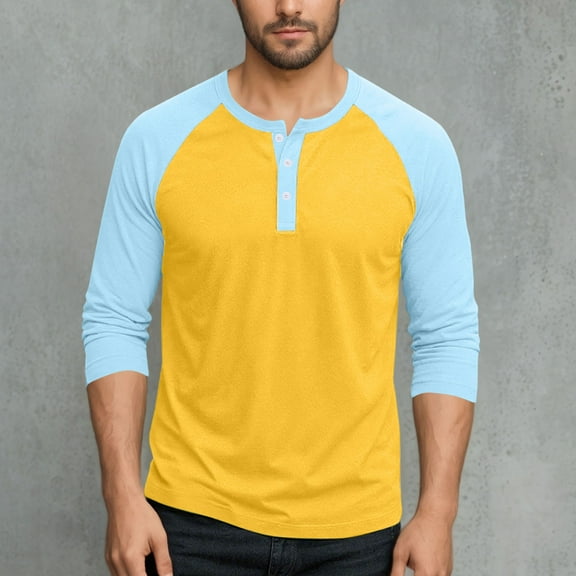 M-5X Big & Tall T Shirts for Men Plus Size 3/4 Sleeve Tshirts Shirt Mens Pullover Color Block Button Crewneck Basic Loungewear Workout Tees Tops