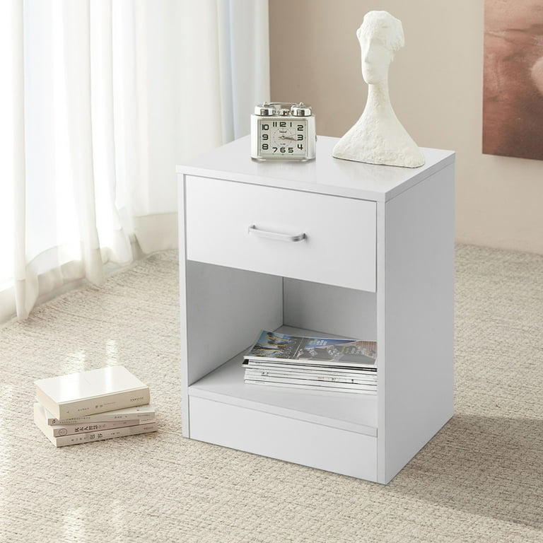 Zimtown Pair of Elegant White Wood Night Stands with Drawer