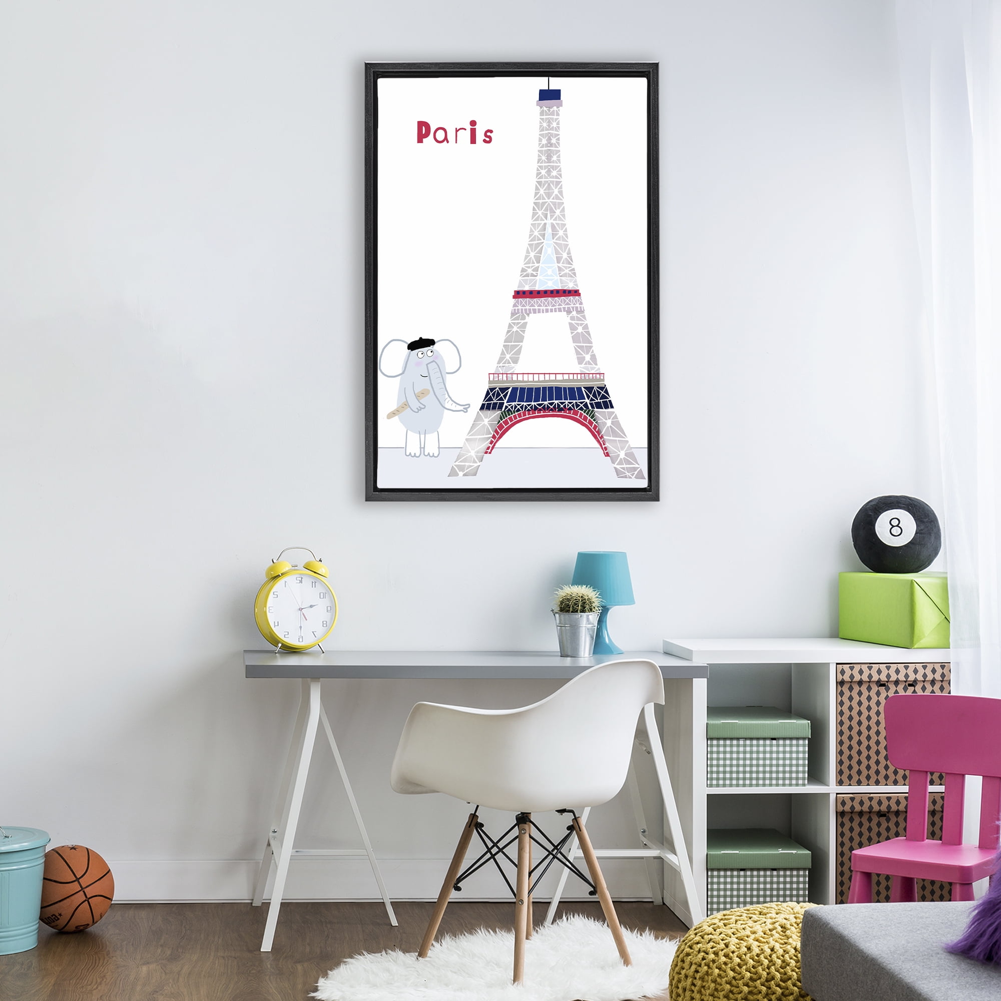 Elephant & Eiffel Tower Black Framed Floater Canvas Wall Art, design by Carla Daly