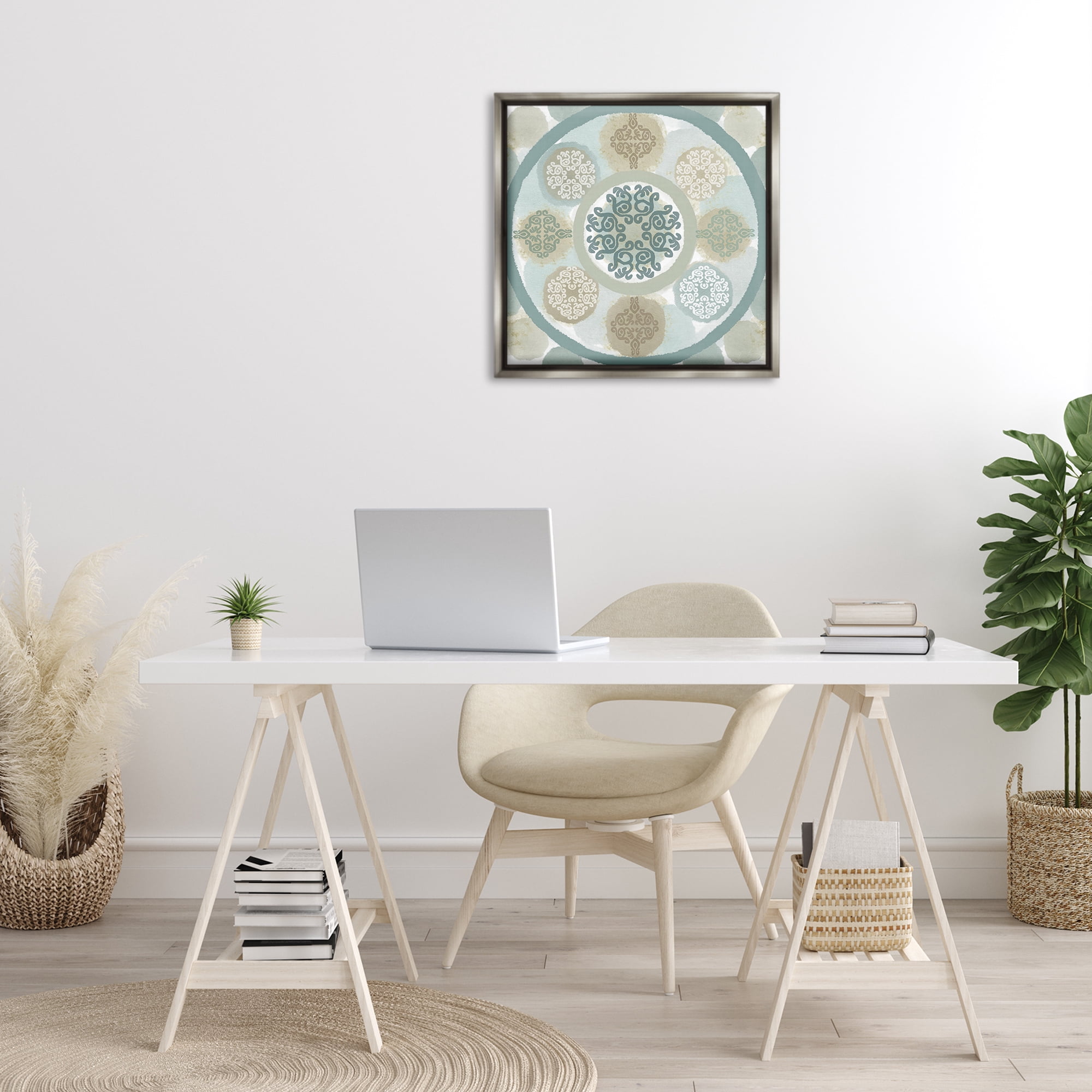 Stupell Industries Mint Mandala Fractals Abstract Painting Gray Floater Framed Canvas Art Print Wall Art, 25 x 25