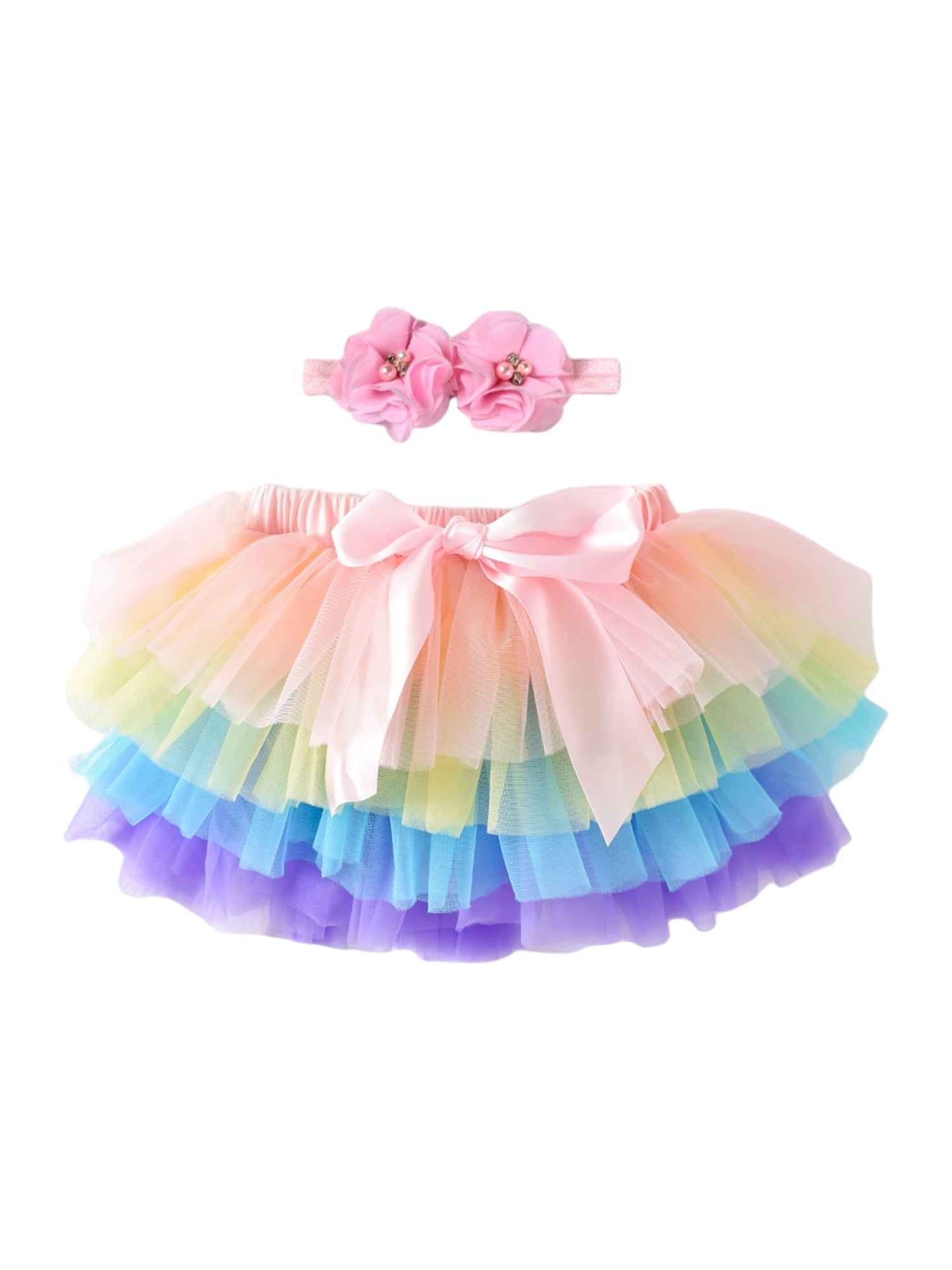 Girls Summer Rainbow Pattern Mesh Princess Ruffle Dress Tulle Tutu Skirt Layered Ballet Bubble Skirt with Bowknot Hair Clip 2PCS Clothes Set