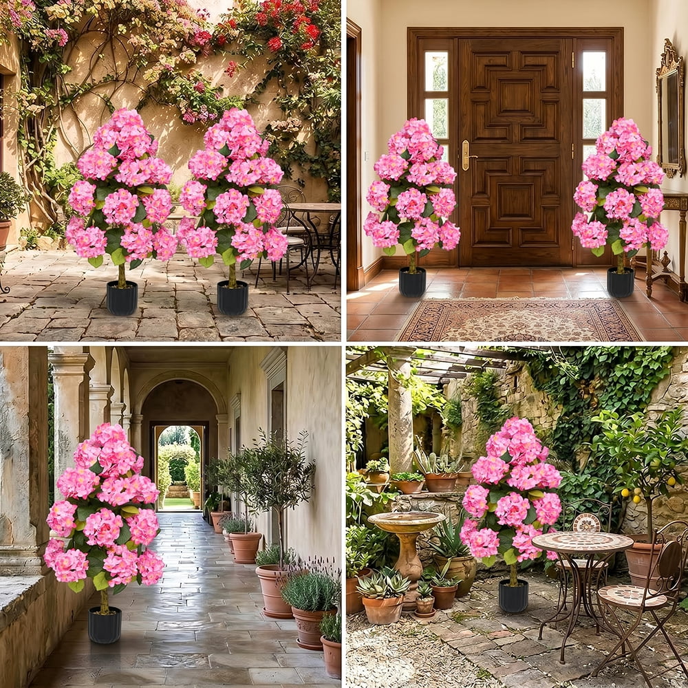 2Sets-3Ft Simulation Hydrangea Tree, Equipped with Realistic Pink Hydrangea Flowers and Evergreen Leaves, Suitable for Indoor and Outdoor Bonsai and Artificial Flower Decoration