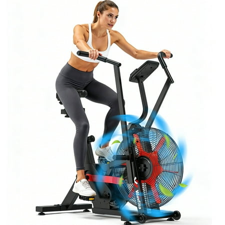 Winfita Air Bike for Home Gym, Fan Exercise Bike with Belt & Chain Dual Drive, Unlimited Resistance, 350LBS Capacity, LCD Monitor, Adjustable Seat for Full Body HIIT Workout, Red Fan Blades