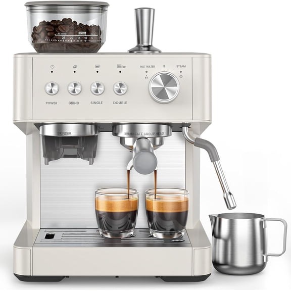 Moifoi Crema Supreme Espresso Machine with Conical Burr Anti-Clog Grinder and Steam Wand – ABS , New White