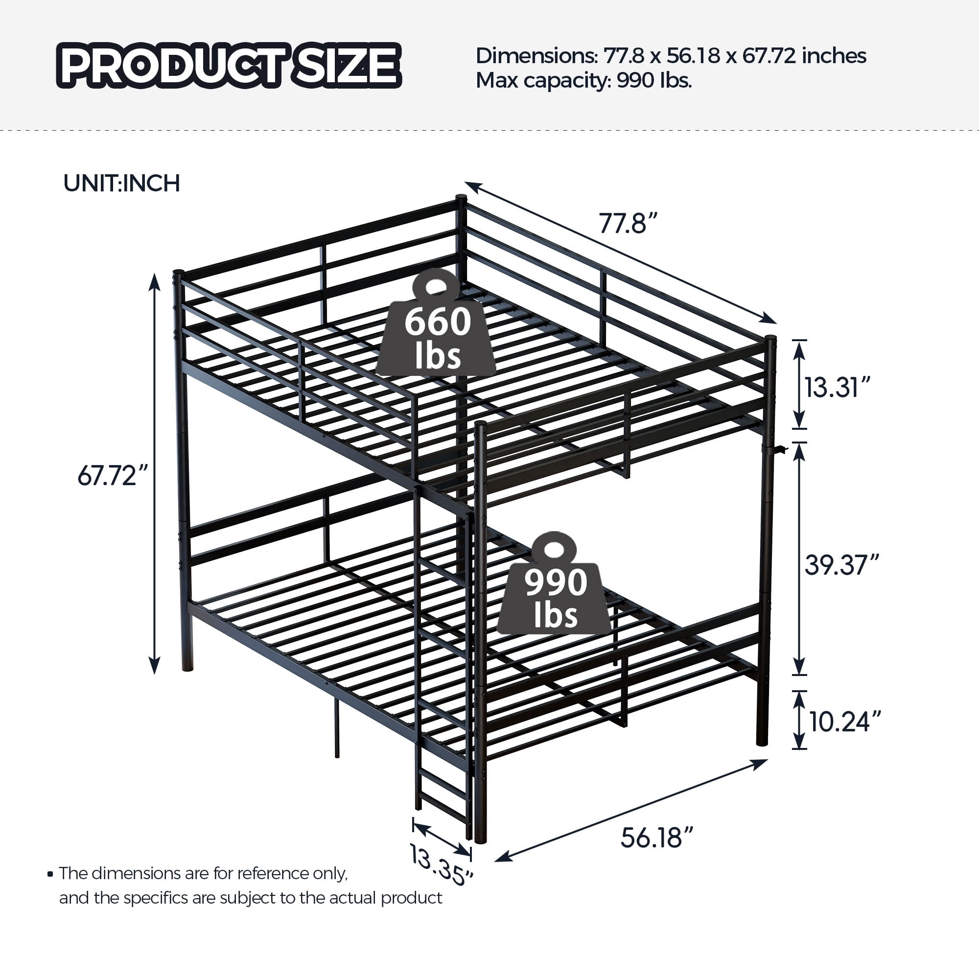 MAYEERTY Full Over Full Metal Bunk Bed for Kids Teens Adults, Heavy Duty 990 lbs Capacity, Separable into Two Full Size Beds, No Box Spring Needed