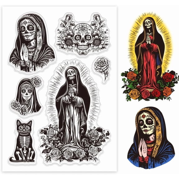 Day of The Dead Clear Stamps Our Lady of Guadalupe Clear Stamps Sugar Silicone Stamps for DIY Scrapbooking Photo Album Decorative Cards Making 6.3x4.33inch White DIY