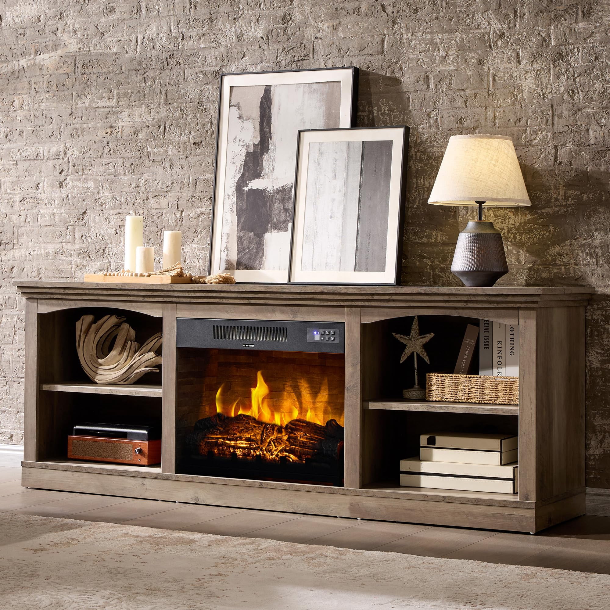Merluxy 70" Fireplace TV Stand for TVs up to 80", Farmhouse Entertainment Center with 23" Electric Fireplace, Rustic Grey