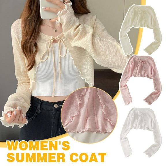 SSKFHGI Womens Summer Chiffon Long Sleeve Thin Cardigan Shawl Short Up Coats Lace