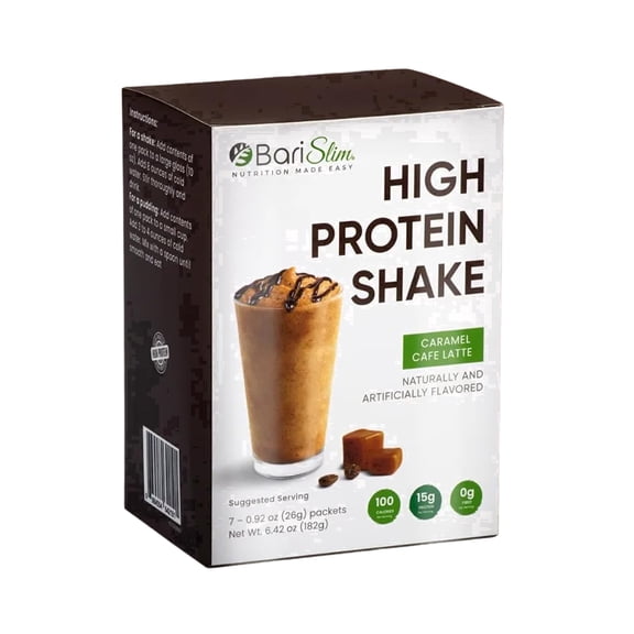 BariSlim High Protein Drink Mix Powder, Energy & Weight Management Support, Caramel Caffe Latte Flavor, 7 Count, 9 oz, Adult