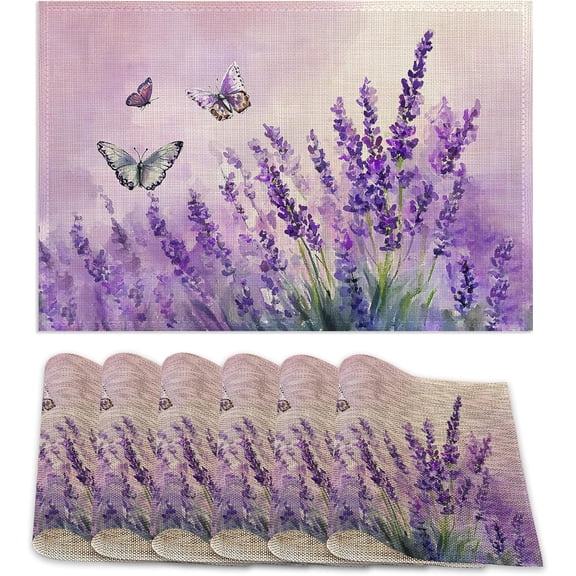 Placemats Set of 6,Purple Lavender Table Mats,Butterfly Washable Linen Table Mats,Non-Slip Heat Resistant Placemats for Party Kitchen Dining Indoor Outdoor 12"x18"