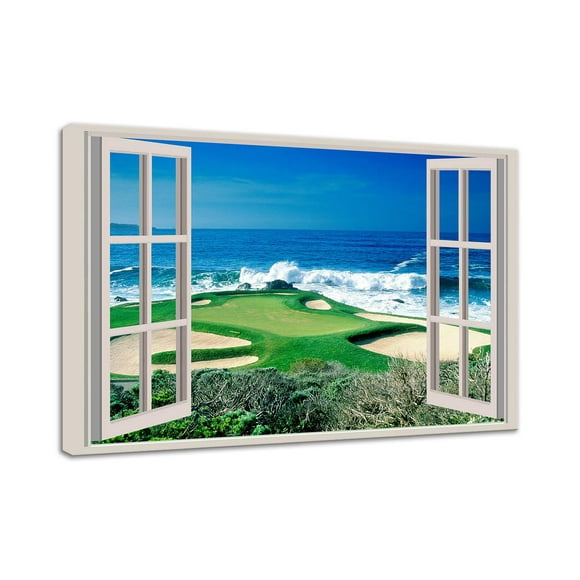 Window Framed Style Golf Course by the Sea Canvas Print Wall Art Modern Waves Hit Picture Home Decor for Living Room Bedroom Framed Ready to Hang