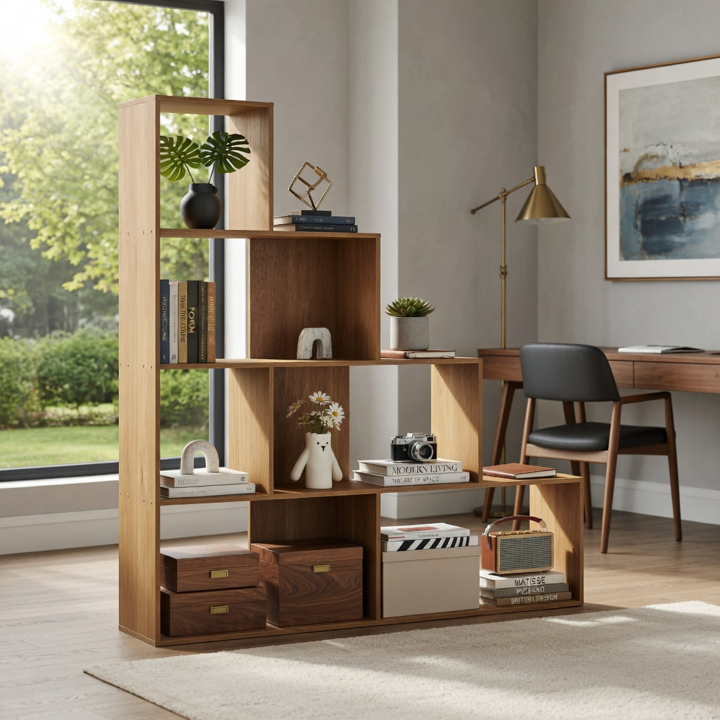 Yardi Yard 6 Cubes Ladder Shelf Corner Bookshelf Storage Bookcase-Natural, Tall Bookshelf, Bookshelf for Living Room, Home Office, Bedroom, Balcony