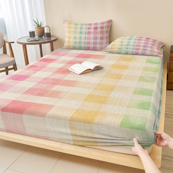 Twin Sze Fitted Sheet Set - Purple Pink Plaid 2 Piece Bedding Sets 16" Deep Pocket Fitted Sheet with 1 Pillowcase, Yellow Green Red Turquoise Colorful Brushed Microfiber Hotel Luxury Bed Sheets