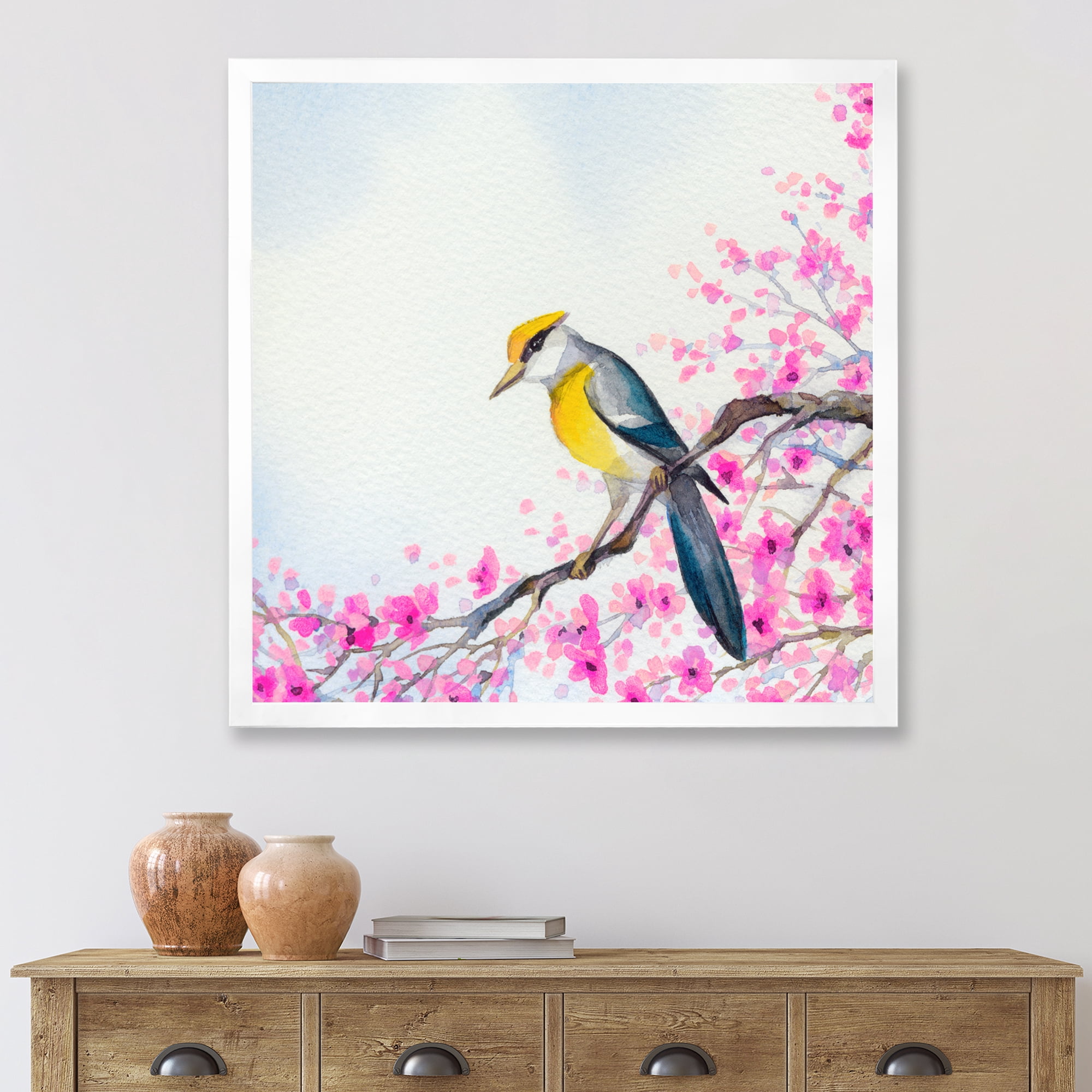 Beautiful Bird Sitting On Flowering Branch 16 in x 16 in Framed Painting Canvas Art Print, by Designart