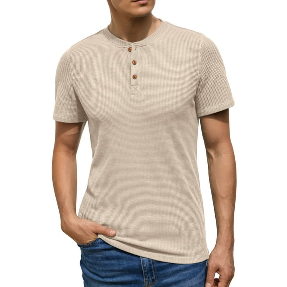 GIRUNS Men's Short Sleeve Waffle Henley T-Shirt Summer Casual Tee For Men