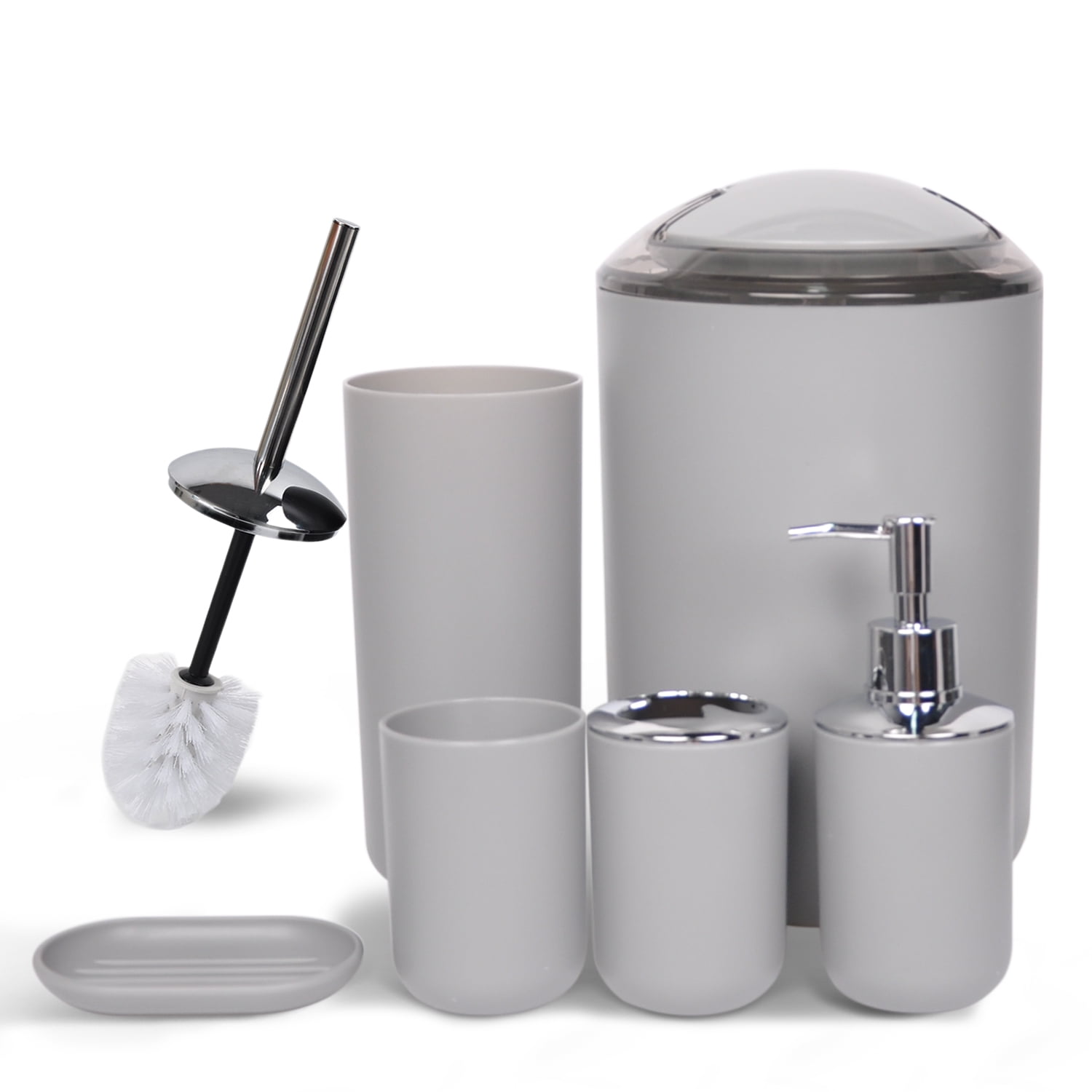 CERBIOR Bathroom Accessories Set Bath Ensemble Includes Soap Dispenser, Toothbrush Holder, Tumbler, Soap Dish for Decorative Countertop and Housewarming Gift (Grey)