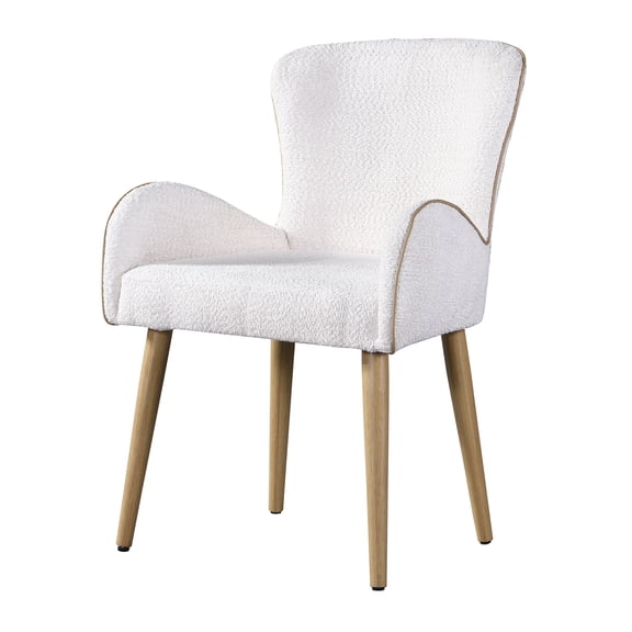 Beige Boucle Upholstered Side Chair Set of 2 with Oak Finish Metal Legs for Dining Room