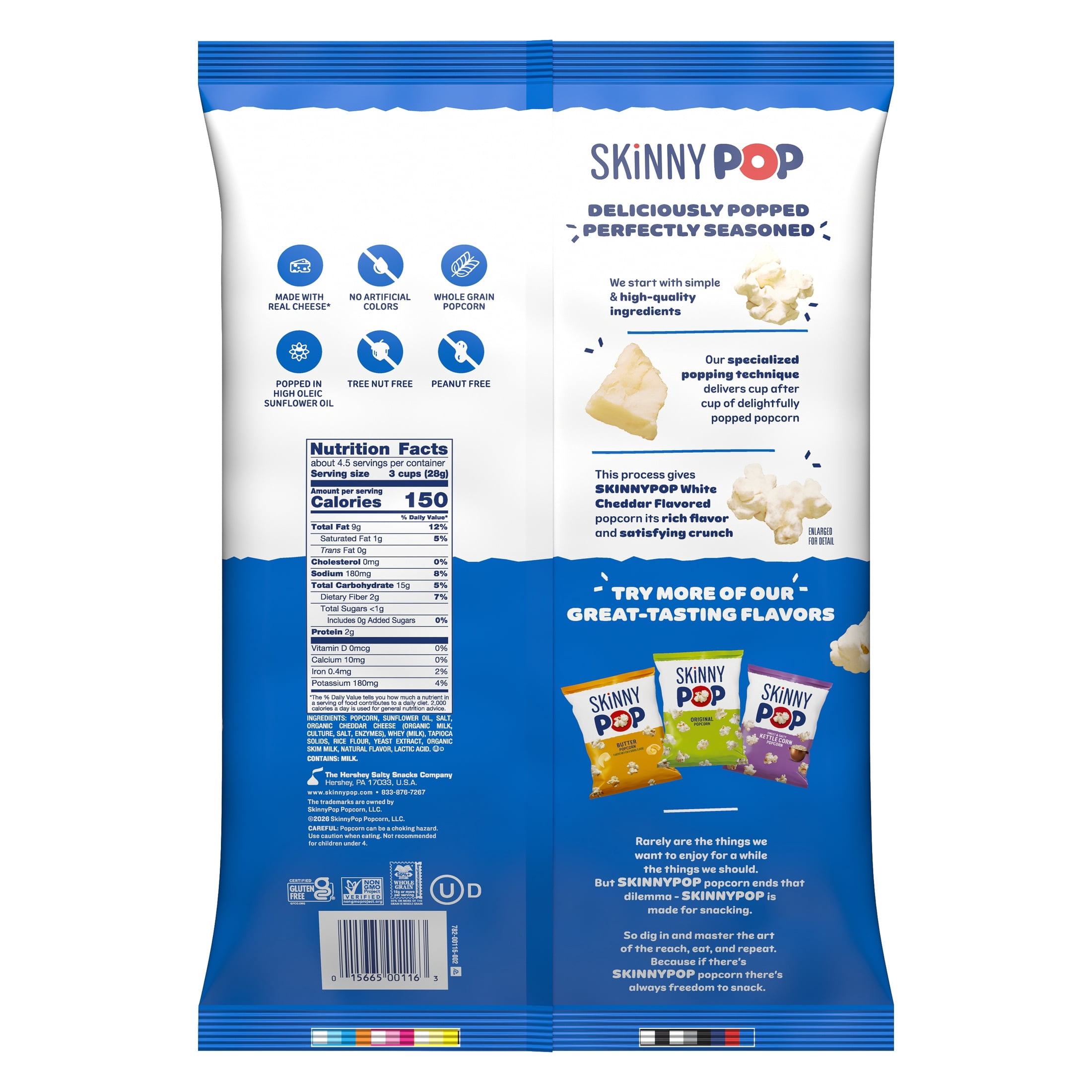 (3 pack) SKINNYPOP Gluten-Free White Cheddar Popcorn Snack, 4.4 oz Bag