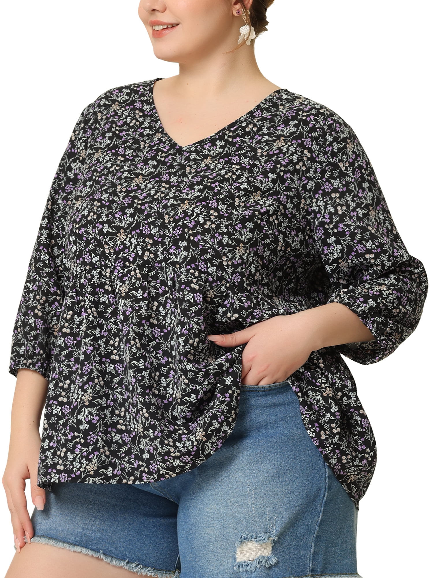 Unique Bargains Women's Plus Size V Neck Flowy 3/4 Sleeve Floral Blouse 4X Black