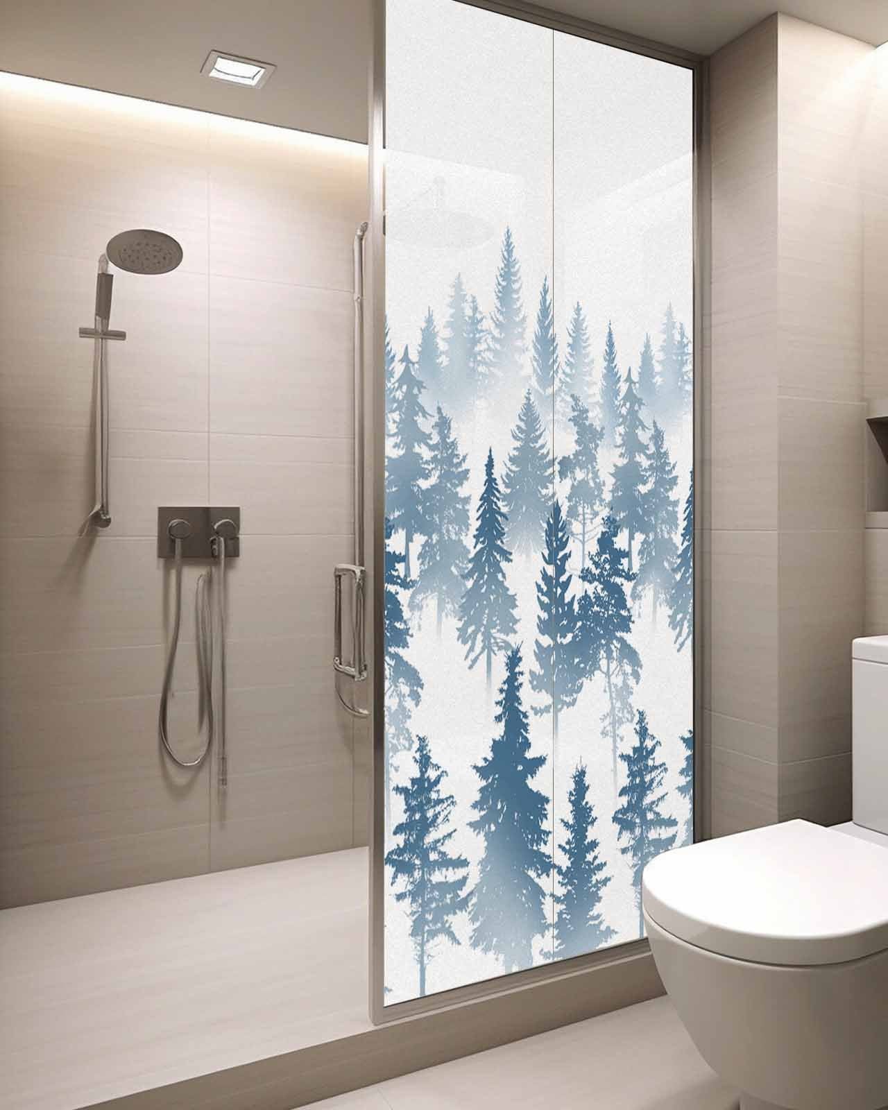 Window Privacy Film, Dark Blue Forest UV Sun Blocking Window Tint Film Heat Control One Way Blackout Window Film, Modern Abstract Silhouette Art Non Adhesive Static Cling Window Sticker 29.5x78.7 In