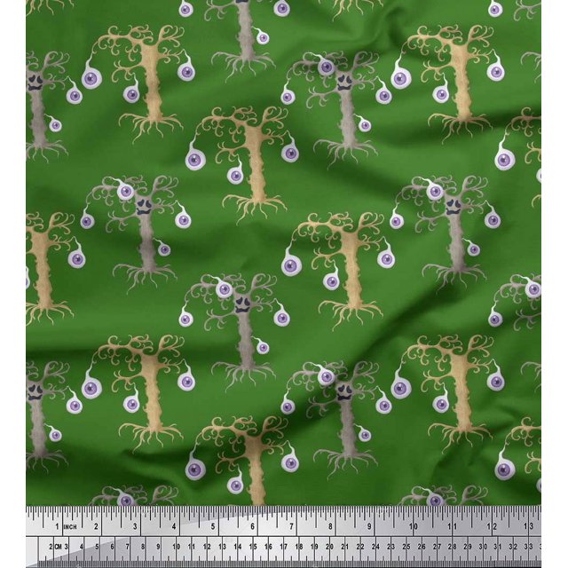 Soimoi Green polyester Crepe Fabric Eyes & Artistic Tree Print Fabric by the Yard 52 Inch Wide