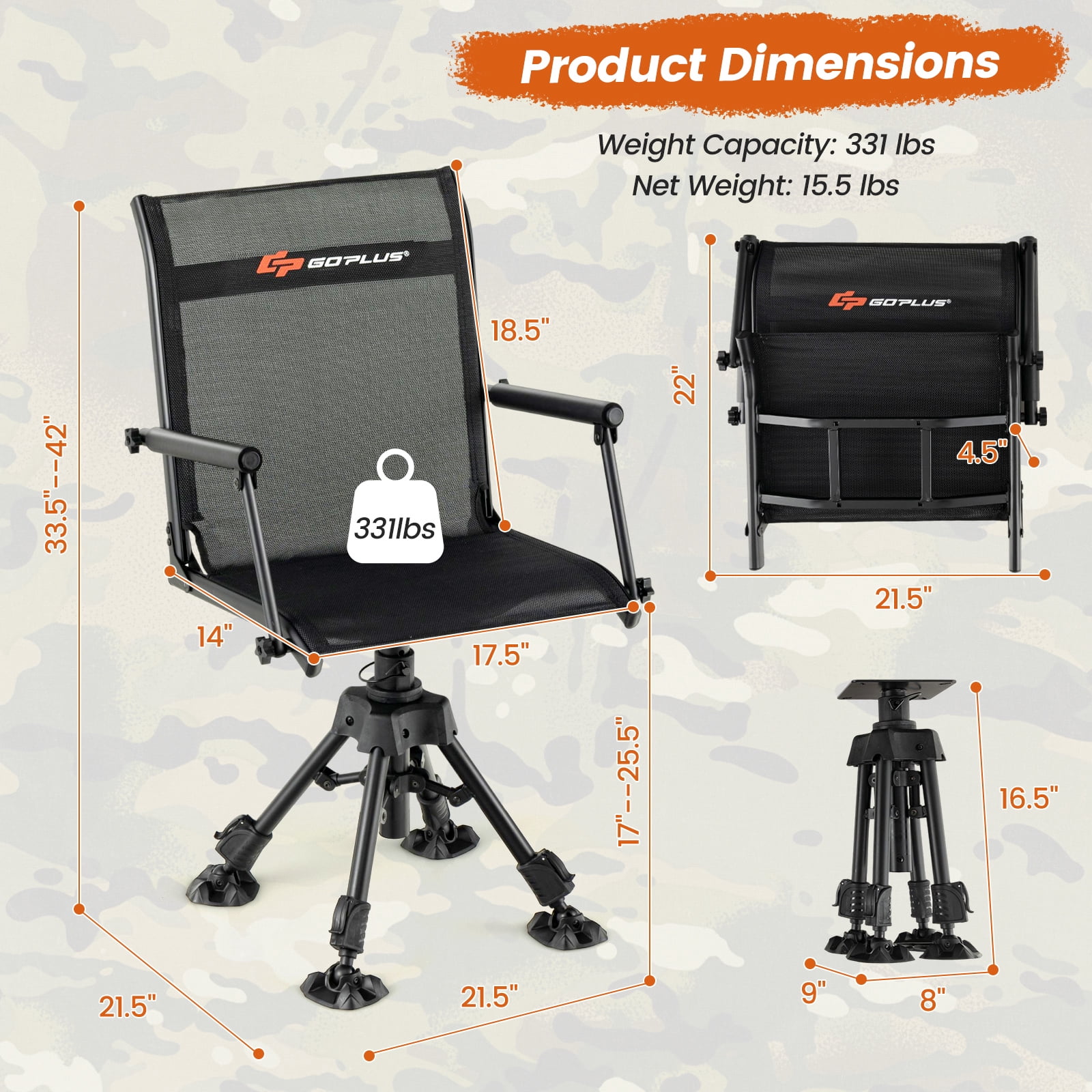 Topbuy 360° Swivel Blind Hunting Chair, Foldable & Portable Hunting Chair W/ Oversized Duck Feet Padded Armrests Mesh Back&Height Adjustable