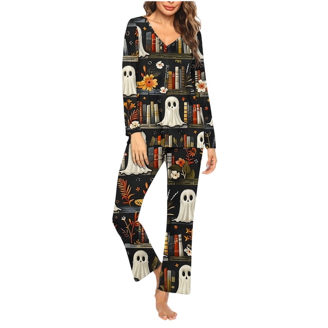 Rbaofujie Pyjama d'Automne pour Femmes Ensemble de Pyjama Décontracté à Imprimé d'Halloween pour Dames Haut Long et Pantalon Ensemble de Pyjama pour Femmes