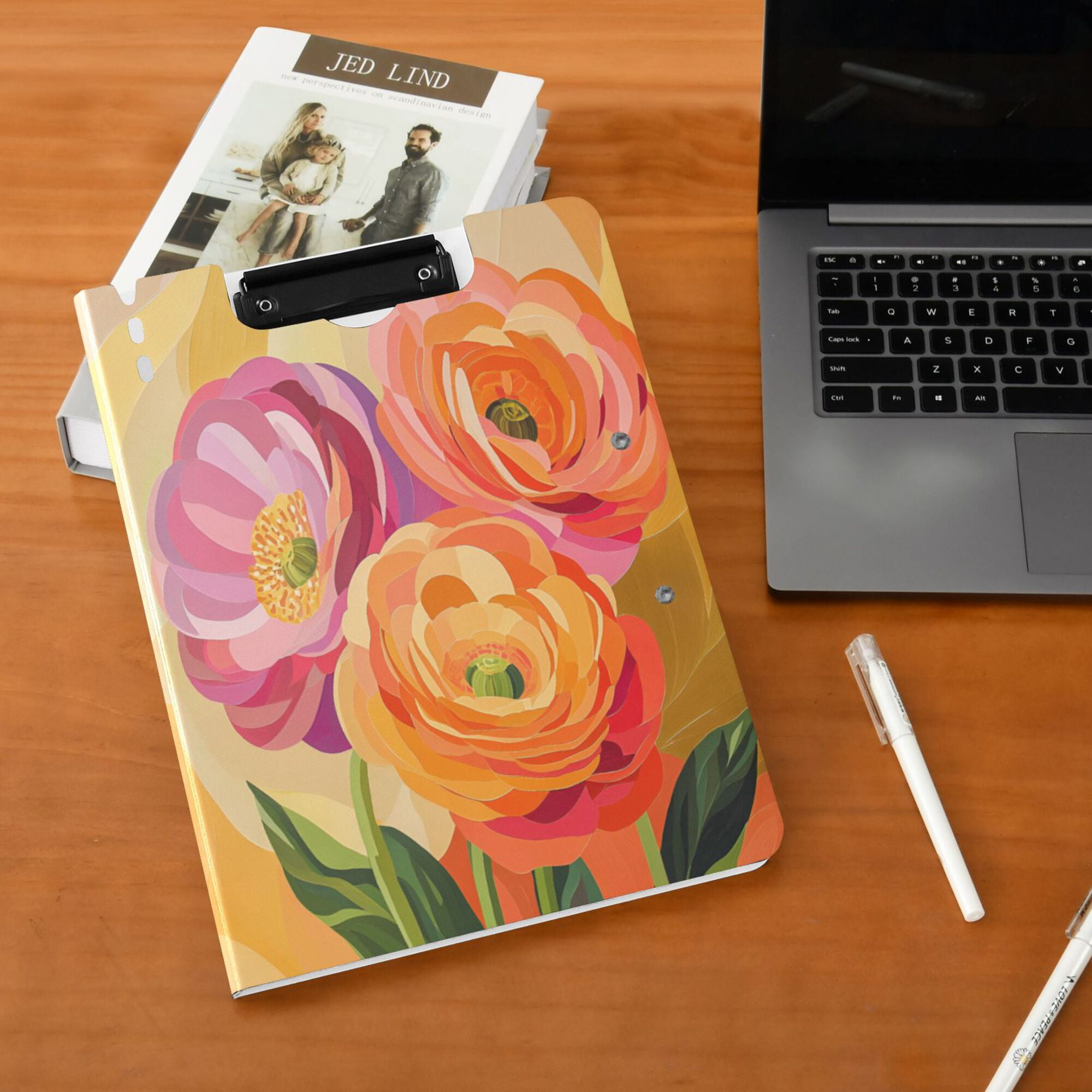 FORMRS A4 Clipboard Folder with Pen Holder Horizontal Foldable School Office Binder, Pink Abstract Floral