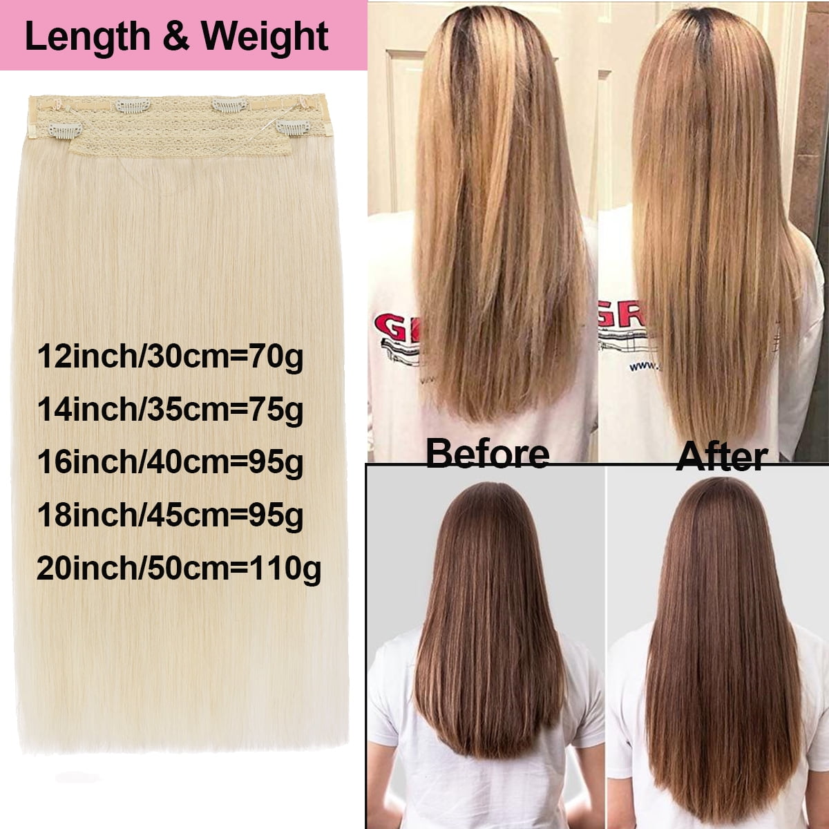 HAIRRO Wire Hair Extensions 100% Real Human Hair Straight Hair Extensions Invisible Wire Fish Line Hair Extensions Ash Brown and Bleach Blonde 20inch 110g Straight Hair Extensions For Women