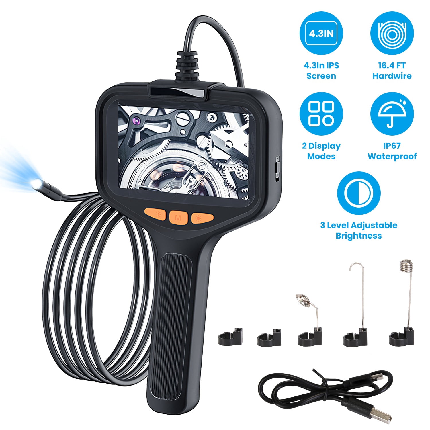 4.3" Endoscope Camera with  8 LED Light TeqHome IP67 Waterproof Endoscope 1080 HD Inspection Camera with 16.4FT Wire for Plumbing Automative Inside Wall Black