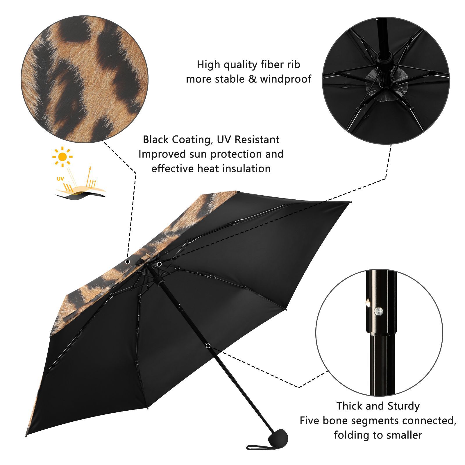 JSTEL Tiger Print Folding Umbrella for Rain Sun Travel Mini Lightweight Compact Umbrellas