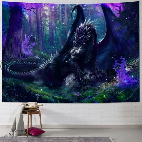BCIIG Fairytale Forest Tapestry Dragon Tapestry Mythical Animal Purple Dragon Tapestries Magic Forest Tapestry Wall Hanging for Bedroom Living Room Dorm 40x30inch