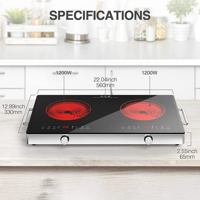 VBGK Electric Cooktop 2 Burner Stove Top 110V 12 Inch 2100W Electric Burner  Countertop and Built-in Hot Plate for Cooking with Plug,120 Minutes Timer &  Auto Shutdown Electric Stove,Child Lock Electric 