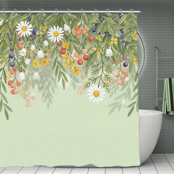 Sage Green Botanical with Pink Floral on Green Print Shower Curtain,Modern Fabric Waterproof Shower Curtain Set with Hooks 70.8×70.8Inch (180×180cm)