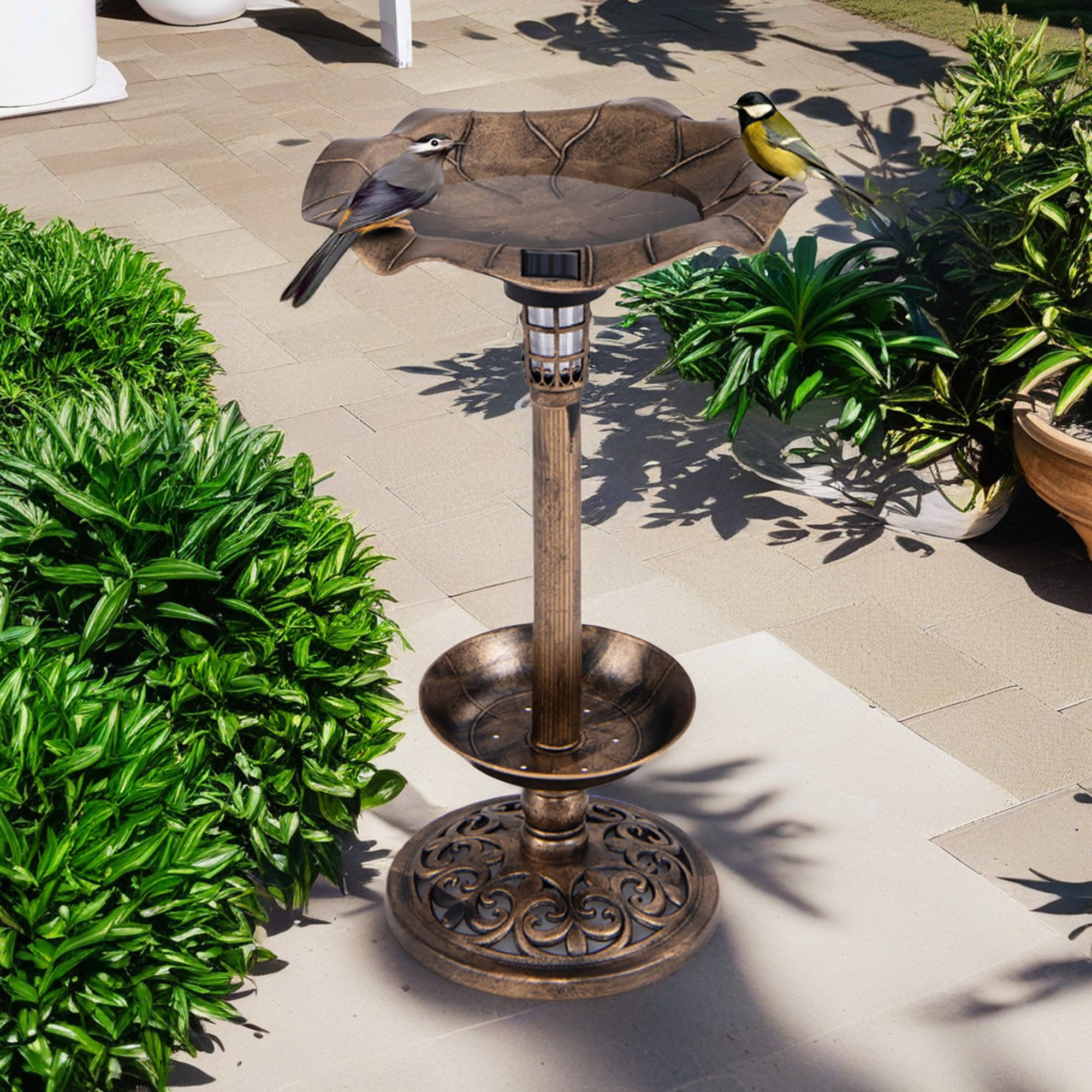 resenkos 30" Outdoor Pedestal Garden Bird Bath with Solar Light, Bird Feeder and Flower Planter, Standing Lotus Leaf Bowl Birdbath, Brown