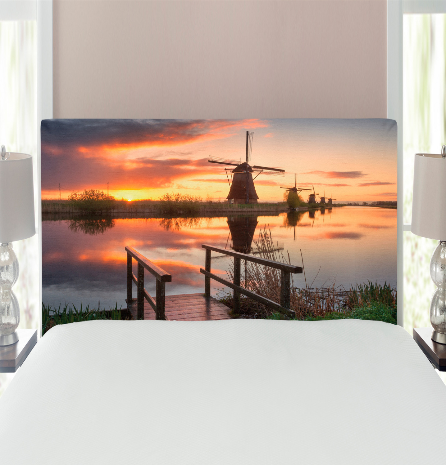 Nature Headboard, Landscape with Traditional Famous Dutch Windmills on Background near Canal Photo, Upholstered Decorative Metal Bed Headboard with Memory Foam, Twin Size, Orange Blue, by Ambesonne - image 1 of 4