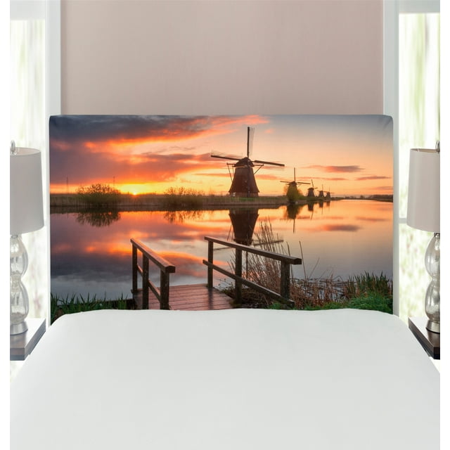 Nature Headboard, Landscape with Traditional Famous Dutch Windmills on Background near Canal Photo, Upholstered Decorative Metal Bed Headboard with Memory Foam, Twin Size, Orange Blue, by Ambesonne