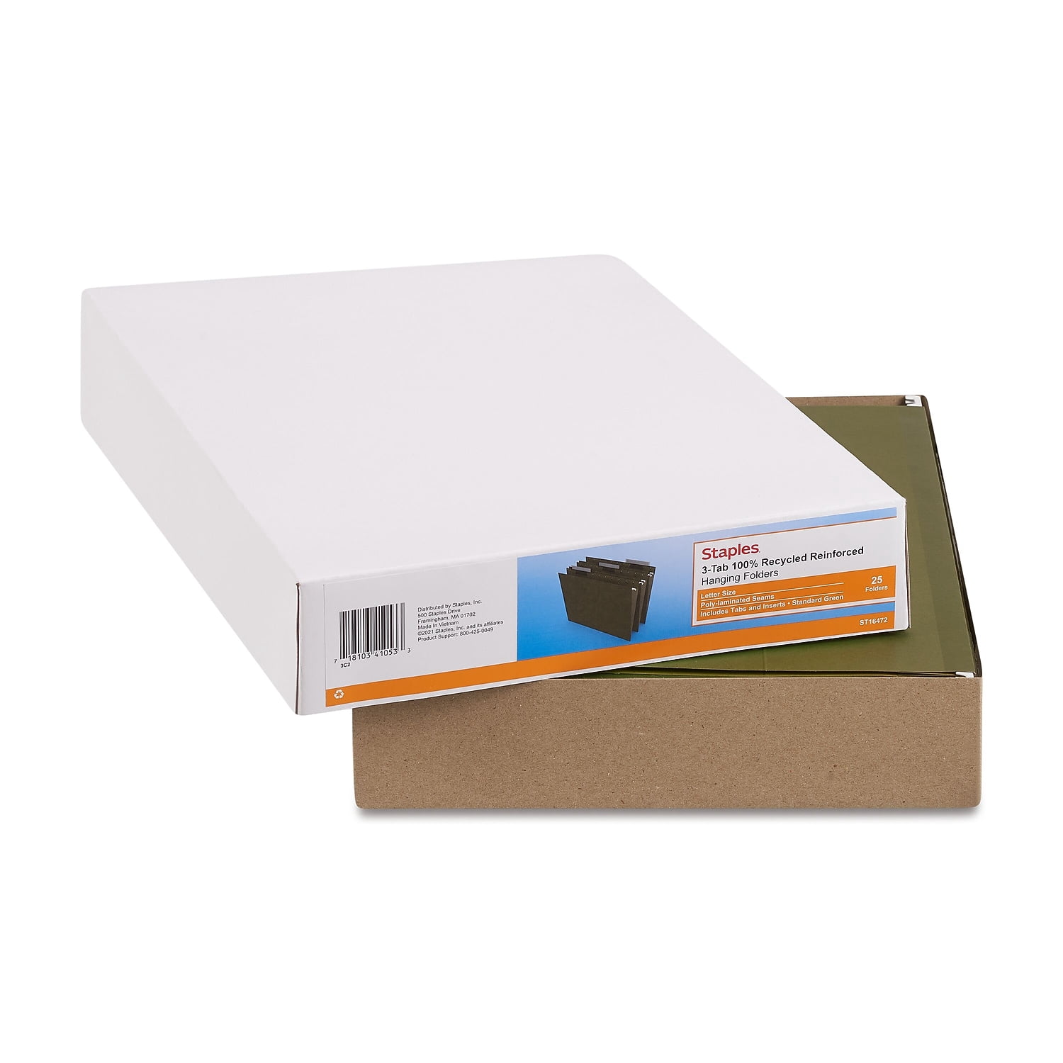 Staples Reinforced Recycled Hanging File Folder 3-Tab Letter Size Standard Green 50/Carton