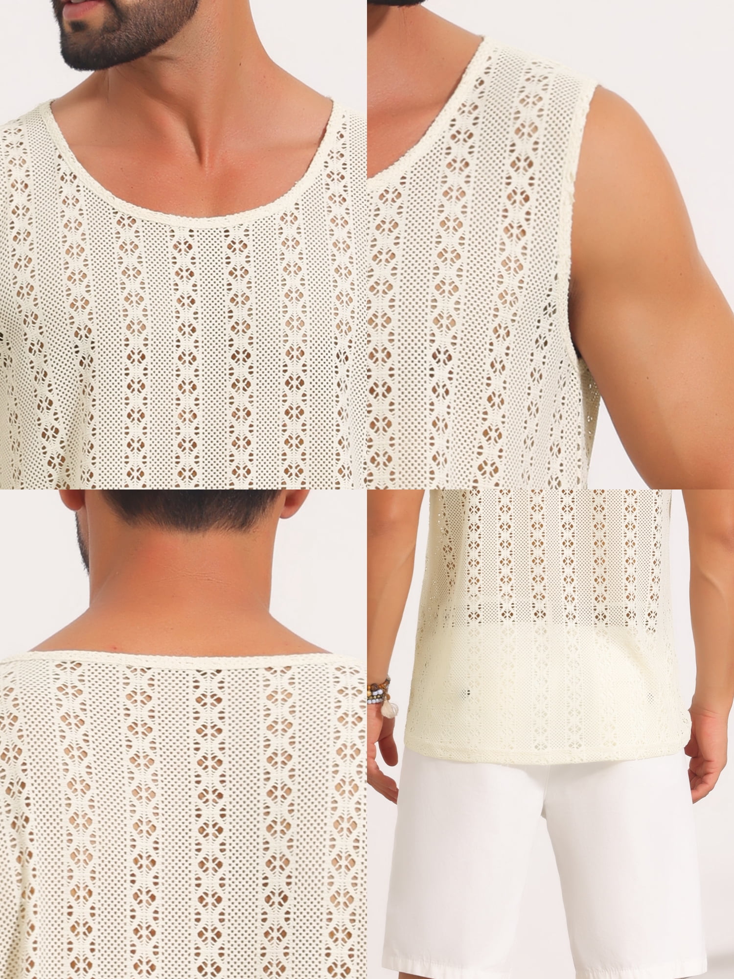DARING DIVA Men's Lightweight Breathable Crew Neck Sleeveless Sheer Vest 2XL Light Beige