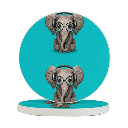 

Circular Drink Coasters Set Nice Elephant With Headphones Beautiful Home Decor Diatomite Heat-Resistant Diatomite Protect Table Countertop