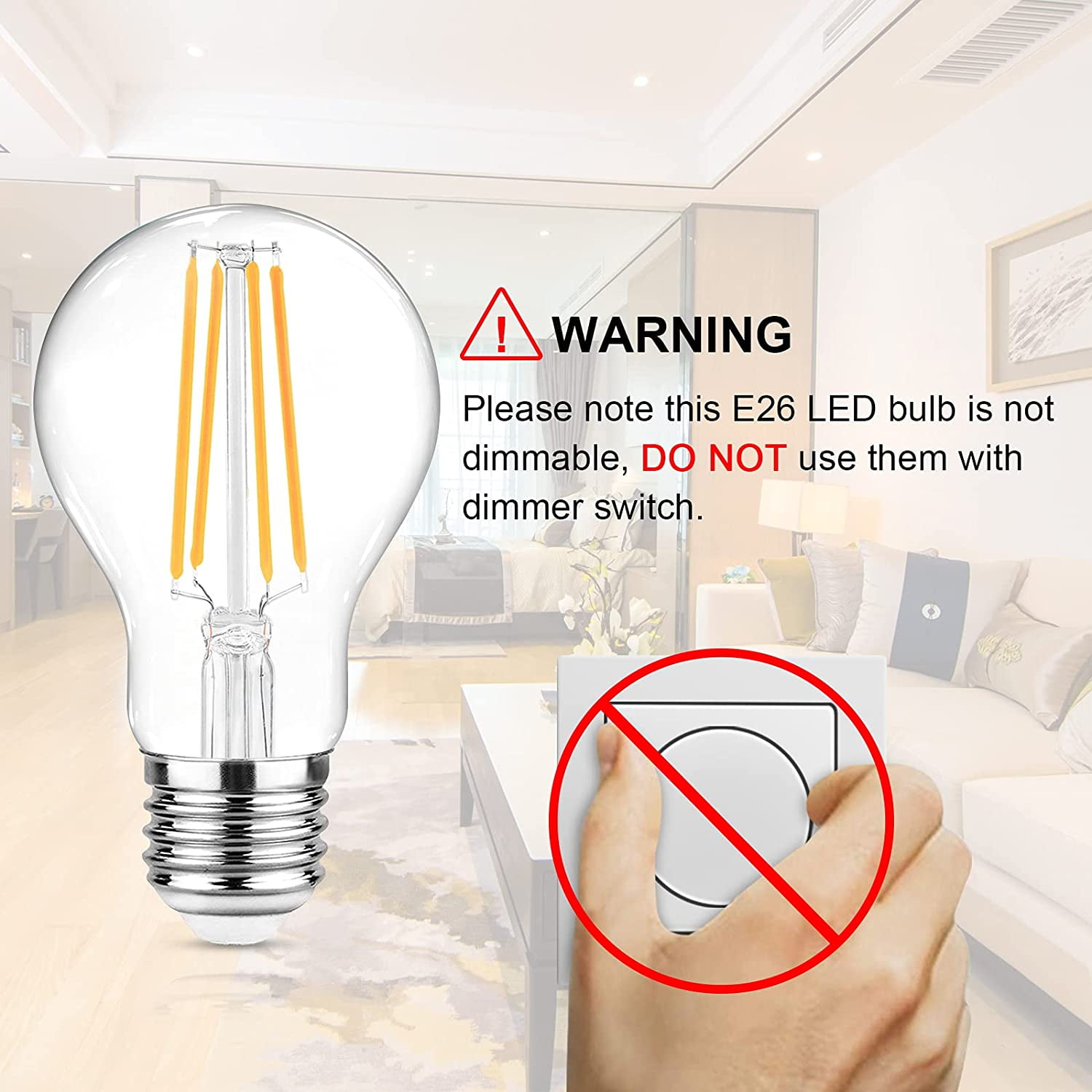 Ascher 60 Watt Equivalent, E26 LED Filament Light Bulbs, Warm White 2700K, Non-Dimmable, Classic Clear Glass, A19 Bulb with 80 CRI, Pack of 6
