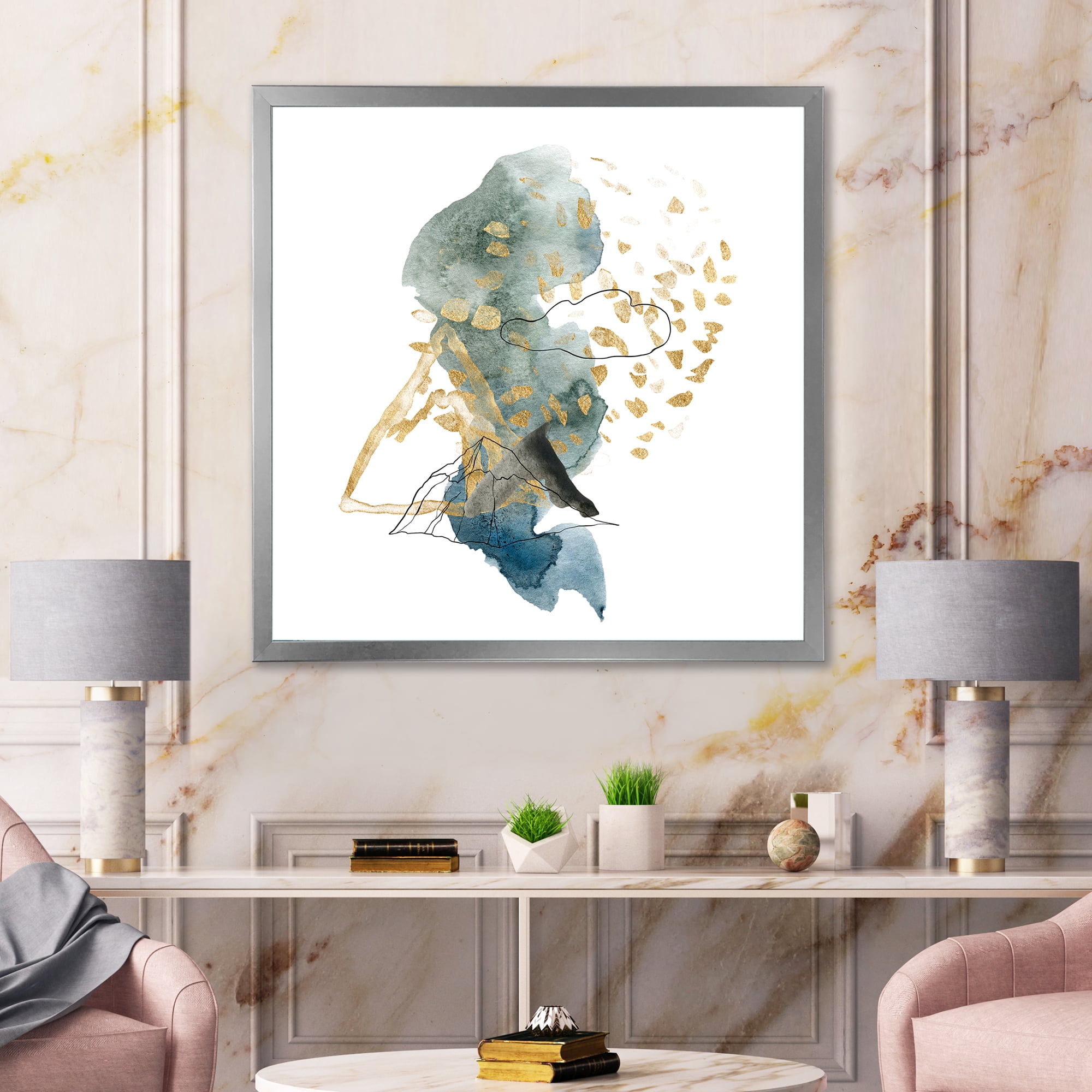 Designart 'Gold Strokes and Landscape of Dark Blue Mountains I' Modern Framed Art Print