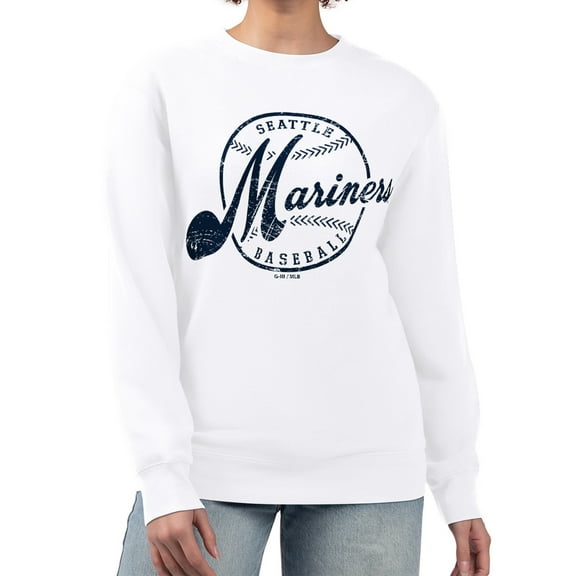 Women's G-III 4Her by Carl Banks White Seattle Mariners Distressed Baseball Team Fleece Pullover Sweatshirt