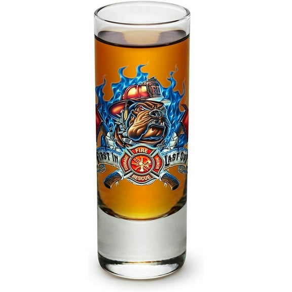 Firemans Fire Deptment -First In Last out Shot Glass Shooter Heavy Base Tall 2 Ounce - Set of 6 - Mini Small Glass - For Liquor - Whiskey, Tequila, , Spirtis, Beverages