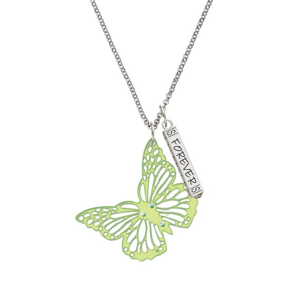 Delight Jewelry Acrylic Cut Out Butterfly Mirror Lime Green Silvertone Forever Bar Charm Necklace, 23"