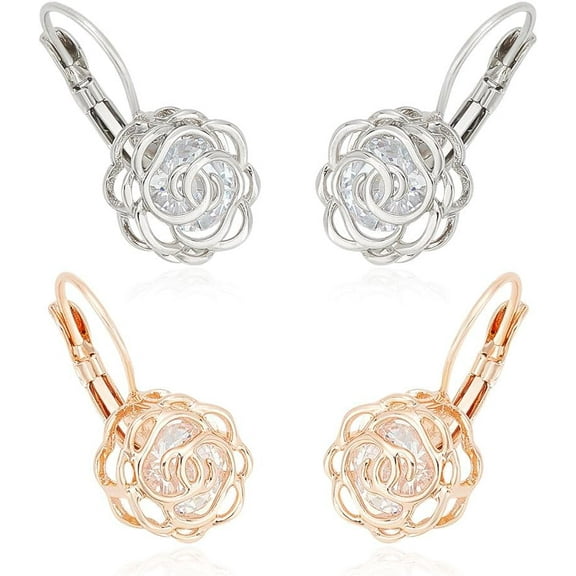 2 Pairs 2 Colors Rose Flower Leverback Dangle Drop Earrings for Women Hollow Style Rose Flower Leverback Earrings with Fashion Jewelry Gifts