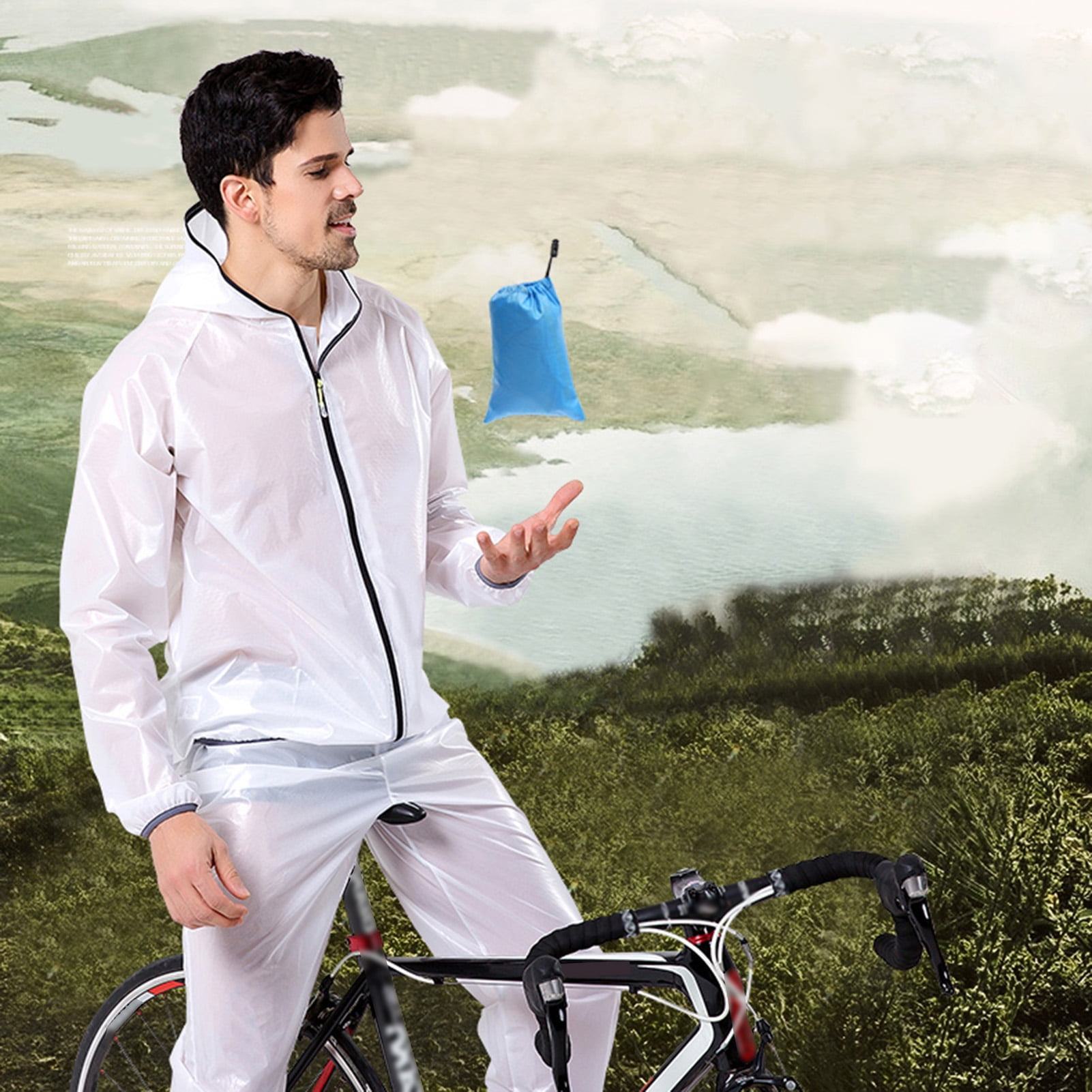 Bike Bicycle Cycling Full Rain Suit Waterproof Hooded Rain Coat Jacket 